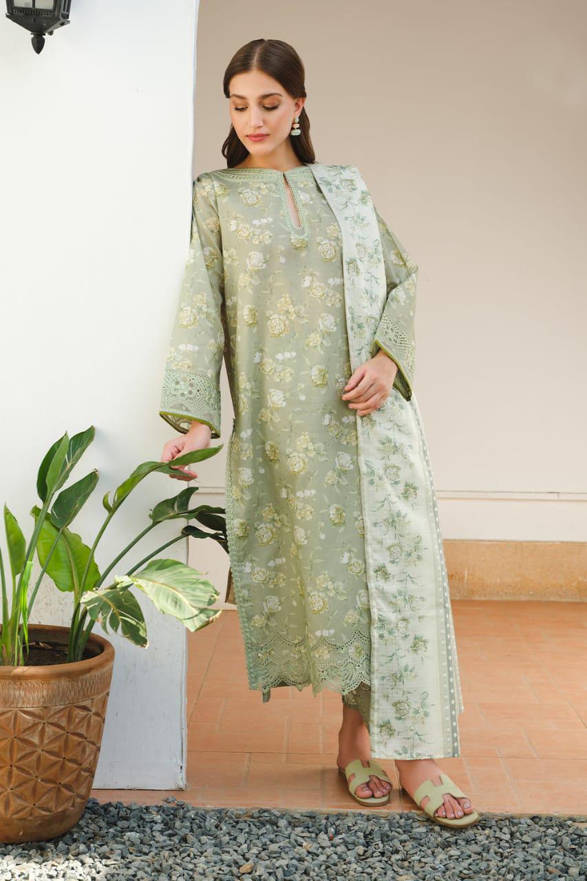 3 - Piece Lawn Embroidered Dress With Lawn Dupatta