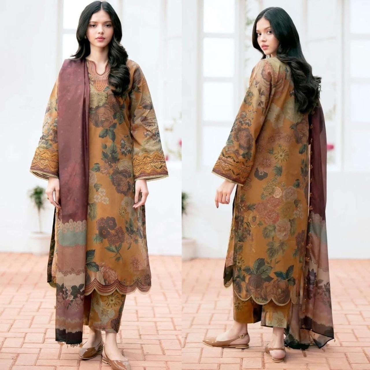 3 - Piece Lawn Embroidered Dress With Lawn Dupatta