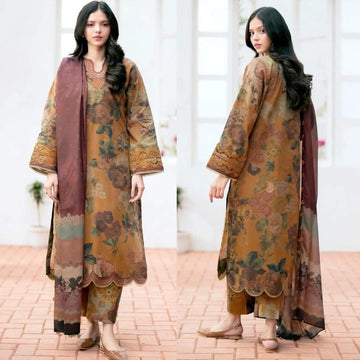 3 - Piece Lawn Embroidered Dress With Lawn Dupatta