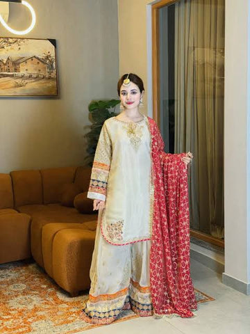 Emb Dhanak 3Pc Suit